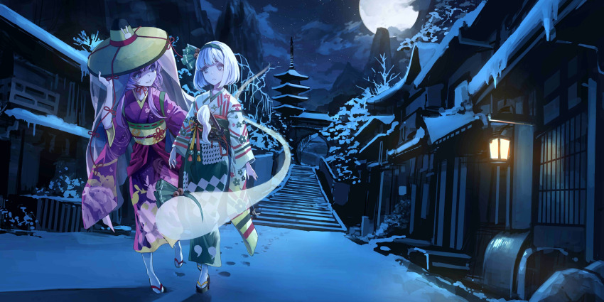 2girls alternate_costume architecture building cloud commentary east_asian_architecture english_commentary floral_print footprints full_moon furisode game_cg green_hairband hairband highres hitodama_print japanese_clothes katana kimono koh_(minagi_kou) konpaku_youmu konpaku_youmu_(ghost) konpaku_youmu_(misfortune-warding_gardener) long_hair long_sleeves moon multiple_girls night night_sky obi obidome obijime official_art outdoors pagoda print_kimono purple_eyes purple_kimono reisen_udongein_inaba reisen_udongein_inaba_(health_and_well-being_rabbit) sash sheath sheathed short_hair sky smile snow stairs star_(sky) sword third-party_source touhou touhou_lostword very_long_hair weapon white_hair wide_sleeves