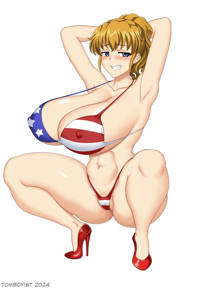 absurdres american_flag american_flag_bikini american_flag_print bikini blonde_hair blue_eyes bra breasts flag_print flag_print_bikini highres huge_breasts panties print_bikini swimsuit thighs tomboyist umineko_no_naku_koro_ni underwear ushiromiya_jessica