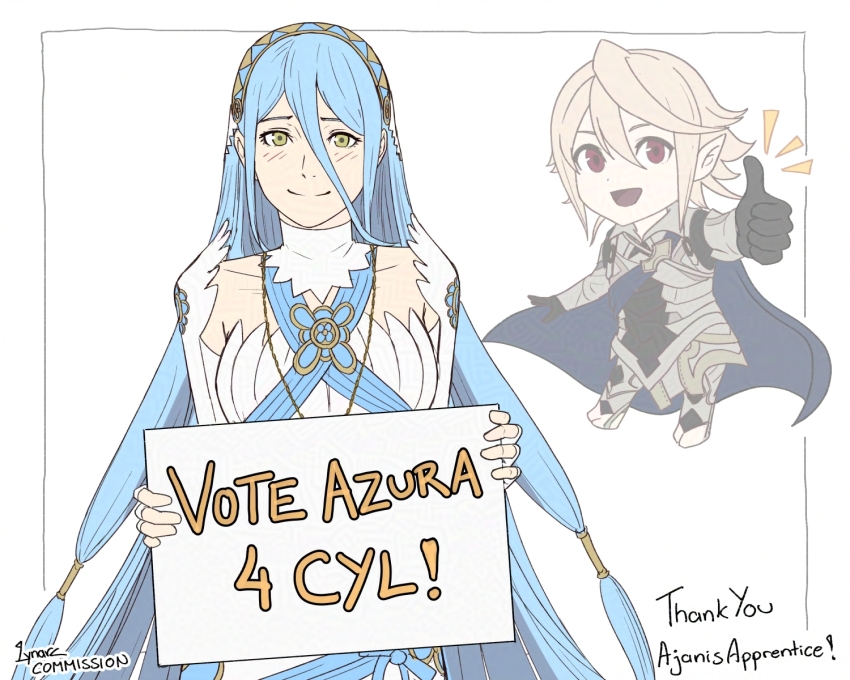 1boy 1girl azura_(fire_emblem) blue_hair commission male_corrin_(fire_emblem) fingerless_gloves fire_emblem fire_emblem_fates gloves hair_between_eyes highres holding holding_sign ko-fi_commission long_hair lynarc nintendo sign veil very_long_hair yellow_eyes