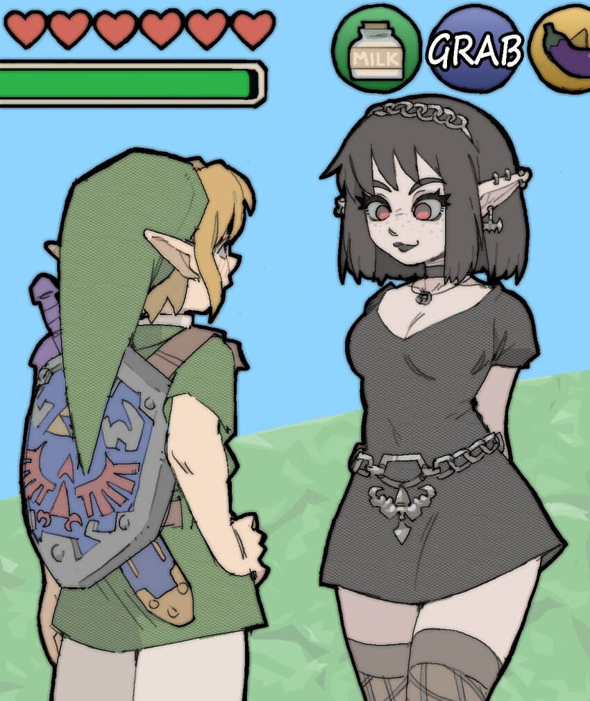 1boy 1girl arms_behind_back belly_chain belt black_choker black_dress black_hair black_lips blonde_hair blue_sky bottle breasts brown_belt brown_eyes chain chain_belt chain_headband choker cleavage collarbone cowboy_shot day dress ear_piercing earrings eggplant english_text eyelashes fake_screenshot freckles goth_fashion grass green_hat green_tunic hand_on_own_hip hat heads-up_display health_bar heart highres hylian_shield jewelry large_breasts link looking_at_another milk_bottle necklace nintendo no_pupils original outdoors pants pantsu-ripper phrygian_cap piercing pointy_ears red_eyes shield shield_on_back shirt short_dress short_hair short_sleeves sky smile standing sword sword_on_back the_legend_of_zelda the_legend_of_zelda:_ocarina_of_time thighhighs tunic user_interface weapon weapon_on_back white_pants white_shirt zettai_ryouiki