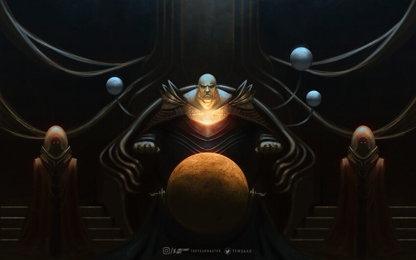 1boy 2others armor bald celestial_globe cloak deviantart_logo deviantart_username dune_(planet) dune_(series) globe glowing glowing_eyes highres hood hooded_cloak house_harkonnen instagram_logo instagram_username looking_at_viewer multiple_boys multiple_others orange_eyes pauldrons science_fiction shoulder_armor solo_focus thefearmaster throne throne_room twitter_logo twitter_username uniform vladimir_harkonnen yellow_eyes