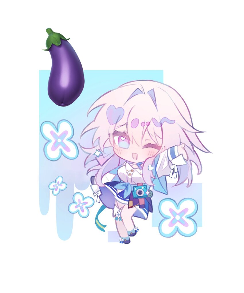 1girl ankle_boots black_boots black_overskirt blue_boots blue_eyes blue_jacket blue_skirt blush boots camera chibi commentary_request earrings eggplant eggplant_emoji emoji flower full_body highres honkai:_star_rail honkai_(series) jacket jewelry long_sleeves march_7th_(honkai:_star_rail) march_7th_(preservation)_(honkai:_star_rail) medium_hair miniskirt miss_itata multicolored_boots multicolored_eyes one_eye_closed open_mouth overskirt pink_eyes pink_hair shirt single_earring skirt smile solo thigh_strap tied_jacket two-tone_boots two-tone_eyes underbust white_shirt