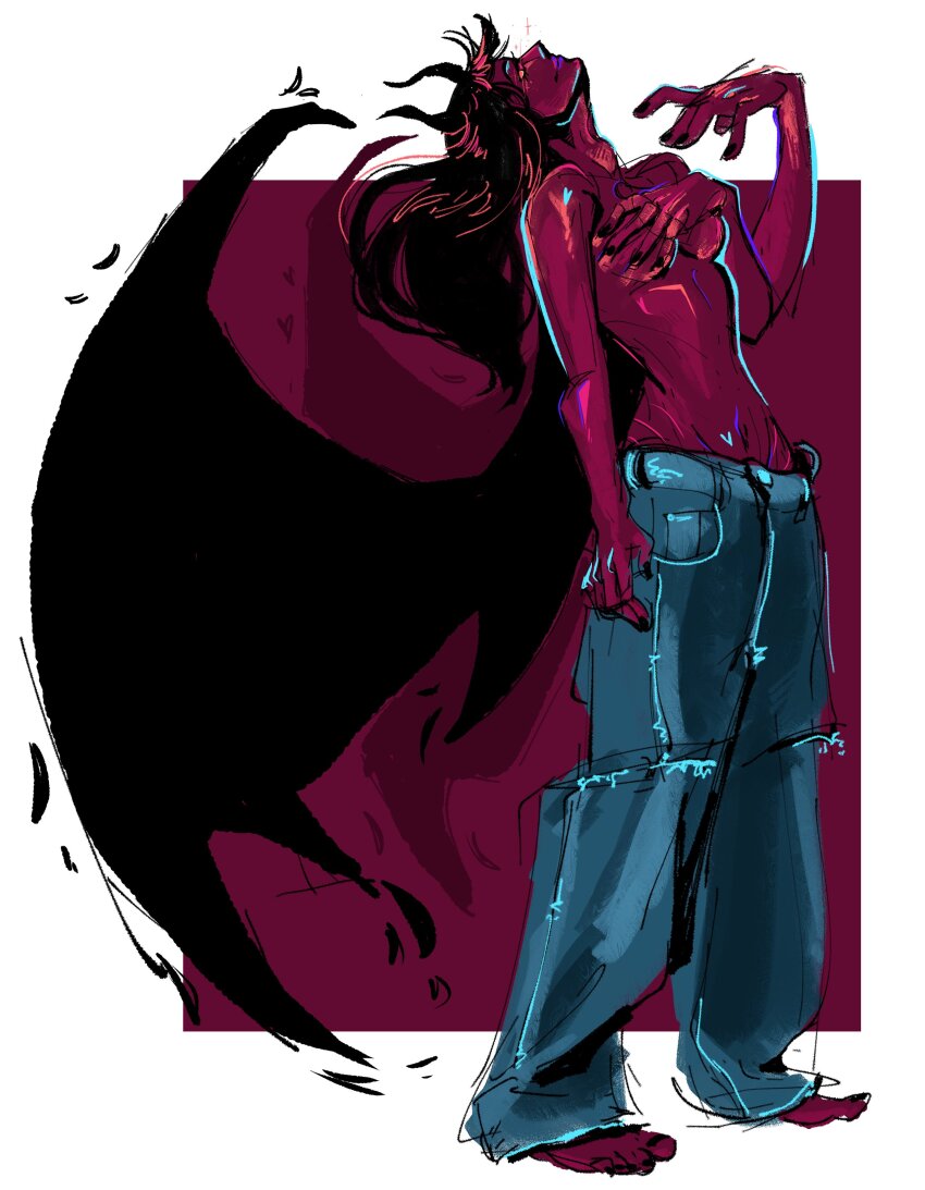 1girl absurdres alternate_form arm_at_side baggy_pants barefoot black_hair black_horns black_nails breasts closed_mouth colored_skin commentary covering_breasts covering_privates demon_girl demon_horns demon_wings demonio_fleur extra_arms fingernails full_body groin hana_hana_no_mi hand_on_own_chest hand_up head_back heart heart_tattoo highres horns leaning_back legs_apart long_hair looking_at_viewer lowleg lowleg_pants medium_breasts navel nico_robin one_piece pants red_skin shoulder_tattoo sideways_glance sketch smile solo standing stomach stomach_tattoo symbol-only_commentary tattoo toenails toes topless_female wiggles_d_tuff wings yellow_eyes