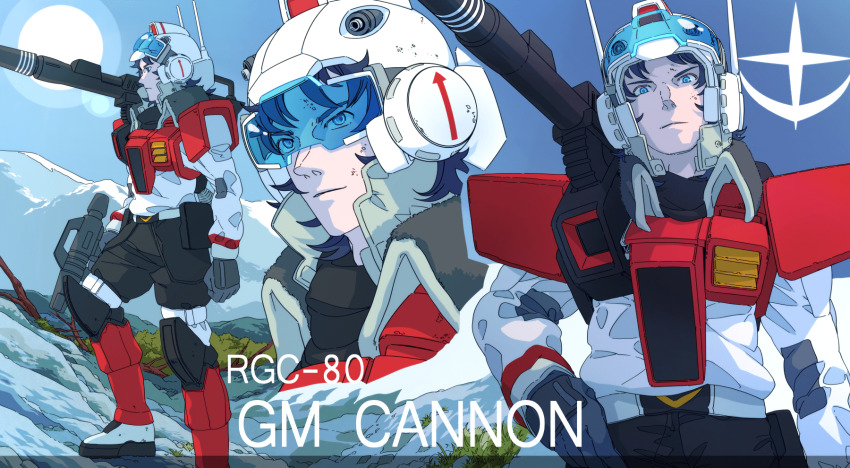 1boy 8823 armor assault_visor averting_eyes black_hair black_pants blue_eyes blue_sky boots character_name collared_jacket day earth_federation energy_gun gloves gm_cannon grey_gloves gun gundam gundam_msv helmet highres holding holding_gun holding_weapon humanization jacket leg_armor long_sleeves looking_at_viewer male_focus mecha_danshi multiple_views outdoors pants shoulder_cannon sky smile sun thrusters tree weapon white_footwear white_jacket
