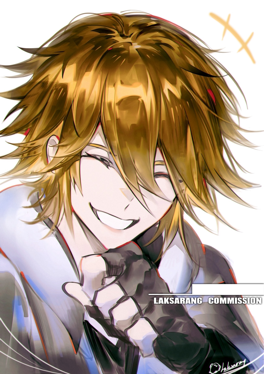 +++ 1boy ^_^ absurdres aotu_world artist_name black_gloves blonde_hair closed_eyes commission english_text fingerless_gloves gloves grin hair_between_eyes highres hood hoodie king_(aotu_world) laksarang laughing male_focus shirt short_hair signature simple_background smile solo teeth upper_body white_background white_hoodie