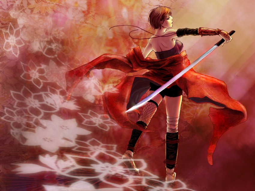 1girl armor asymmetrical_clothes back bare_shoulders boots brown_eyes brown_hair female_focus fishnet_thighhighs fishnets from_behind gauntlets katana looking_back meiko_(vocaloid) off_shoulder senshuu_ichiya_(vocaloid) shichikusa shirasaya short_hair single_thighhigh solo sword thighhighs vocaloid weapon