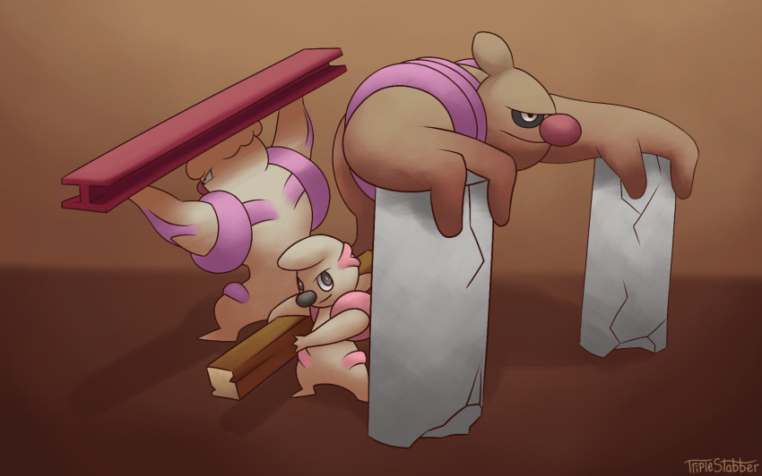 beard big_nose black_eyes concrete conkeldurr evolutionary_line facial_hair full_body gen_5_pokemon gurdurr highres holding muscular nintendo pokemon pokemon_(creature) simple_background timburr triplestabber