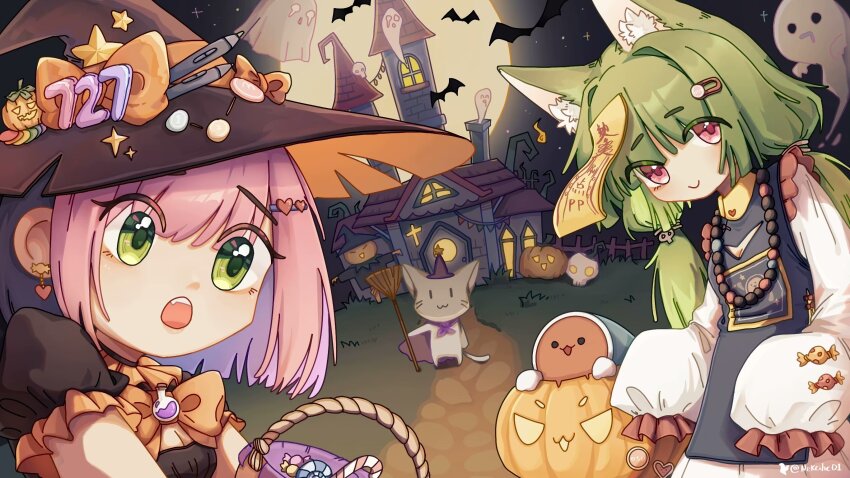1boy 2girls 727_(meme) animal_ears bead_necklace beads black_hair blunt_bangs broom cape castle cat_boy cat_ears cat_tail chinese_commentary commentary_request furry furry_male ghost green_eyes green_hair halloween hat highres holding holding_broom jack-o&#039;-lantern jewelry jiangshi jiangshi_costume kemonomimi_mode long_hair long_sleeves low_twintails meme mocha_(osu!) multicolored_hair multiple_girls necklace nekcihc open_mouth osu! pink_hair pippi_(osu!) purple_cape red_eyes short_hair stylus taiko_no_tatsujin tail twintails two-tone_hair wada_don whitecat_(osu!_player) witch witch_hat