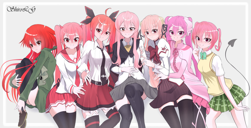 6+girls absurdres ahoge akame_ga_kill! artist_name black_necktie black_ribbon black_thighhighs bow bowtie checkered_clothes checkered_skirt closed_mouth commentary date_a_live demon_girl demon_tail eco_(dragonar) english_commentary frilled_skirt frills green_bow green_bowtie green_skirt grey_skirt hair_ribbon heart heart_tail hidan_no_aria highres itsuka_kotori kanzaki_h._aria long_sleeves looking_at_viewer louise_francoise_le_blanc_de_la_valliere mine_(akame_ga_kill!) multiple_girls nana_asta_deviluke neckerchief necktie pink_eyes pink_hair purple_hair red_eyes red_hair red_neckerchief red_sailor_collar red_skirt ribbon sailor_collar sainan_high_school_uniform school_uniform seikoku_no_dragonar shakugan_no_shana shana shiro_lg01 shirt simple_background skirt smile tail thighhighs to_love-ru twintails white_background white_shirt zero_no_tsukaima