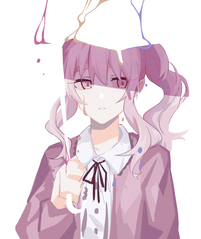 1other akiyama_mizuki arm_at_side buttons collared_shirt commentary hair_between_eyes hand_up highres holding holding_umbrella jacket long_hair long_sleeves looking_to_the_side neck_ribbon open_clothes open_jacket other_focus parted_lips partially_shaded_face pink_eyes pink_hair pink_jacket project_sekai red_ribbon ribbon shirt side_ponytail sidelocks simple_background solo umbrella unfinished upper_body white_background white_shirt ximuye