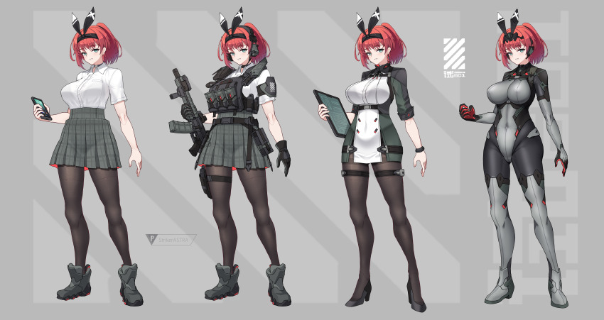 1girl absurdres ammunition_pouch armored_boots assault_rifle battle_rifle black_gloves black_hairband black_headband black_pantyhose blue_eyes body_armor bodysuit boots breasts cellphone covered_navel dress full_body gloves green_eyes grey_background grey_skirt gun hairband harness headband headset high_heel_boots high_heels highres holding holding_gun holding_phone holding_tablet_pc holding_weapon holster holstered impossible_clothes large_breasts load_bearing_vest looking_at_viewer miniskirt mole multiple_views original pantyhose phone pleated_skirt pouch red_hair reference_sheet rifle school_uniform science_fiction sherman_(egnk2525) shirt short_hair short_sleeves sig_sauer skin_tight skirt smartphone standing tablet_pc tactical_clothes thigh_boots thigh_holster thigh_pouch thigh_strap thighhighs variations walkie-talkie watch weapon white_shirt wristwatch