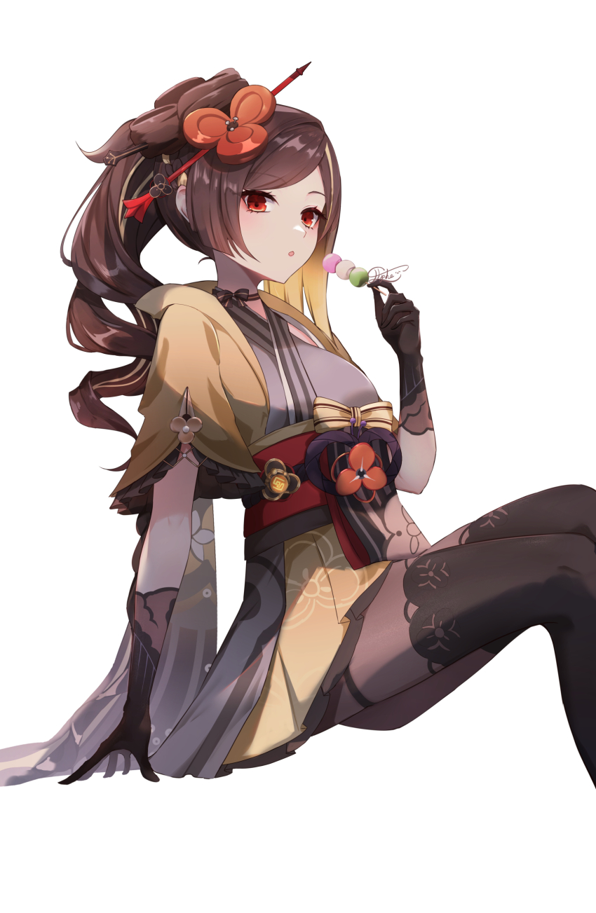 1girl absurdres black_gloves black_ribbon black_thighhighs breasts brown_hair chiori_(genshin_impact) choker dango drill_hair drill_ponytail elphe food genshin_impact gloves grey_kimono hair_ornament hair_stick highres holding holding_food japanese_clothes kimono long_hair looking_at_viewer open_mouth pantyhose parted_bangs red_eyes red_sash ribbon ribbon_choker sanshoku_dango sash short_kimono short_sleeves signature sitting skewer solo thighhighs thighhighs_over_pantyhose wagashi white_background yellow_kimono