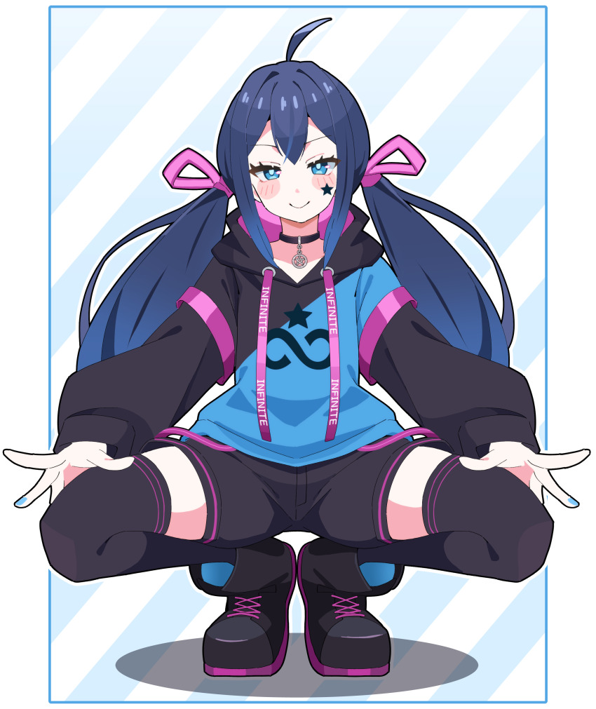 1girl absurdres ahoge black_thighhighs blue_eyes blue_hair blue_nails blush commission full_body highres hood hooded_jacket indie_virtual_youtuber jacket long_hair long_sleeves looking_at_viewer mugen_mochi multicolored_jacket nail_polish noyama_takenoko pendant_choker pixiv_commission short_shorts shorts smile solo spread_legs squatting star_sticker sticker_on_face thighhighs twintails two-tone_jacket virtual_youtuber