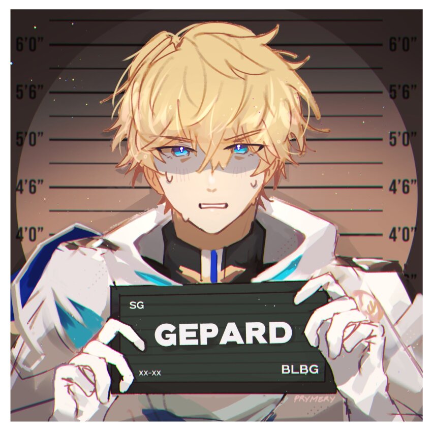 1boy artist_name barbie_(franchise) barbie_(live_action) barbie_mugshot_(meme) black_sweater blonde_hair blue_eyes border character_name commentary english_commentary gepard_landau gloves hair_between_eyes hands_up highres holding holding_sign honkai:_star_rail honkai_(series) jacket long_sleeves looking_at_viewer male_focus meme mugshot prymery shaded_face shadow short_hair sign solo standing sweat sweater teeth upper_body v-shaped_eyebrows white_border white_gloves white_jacket