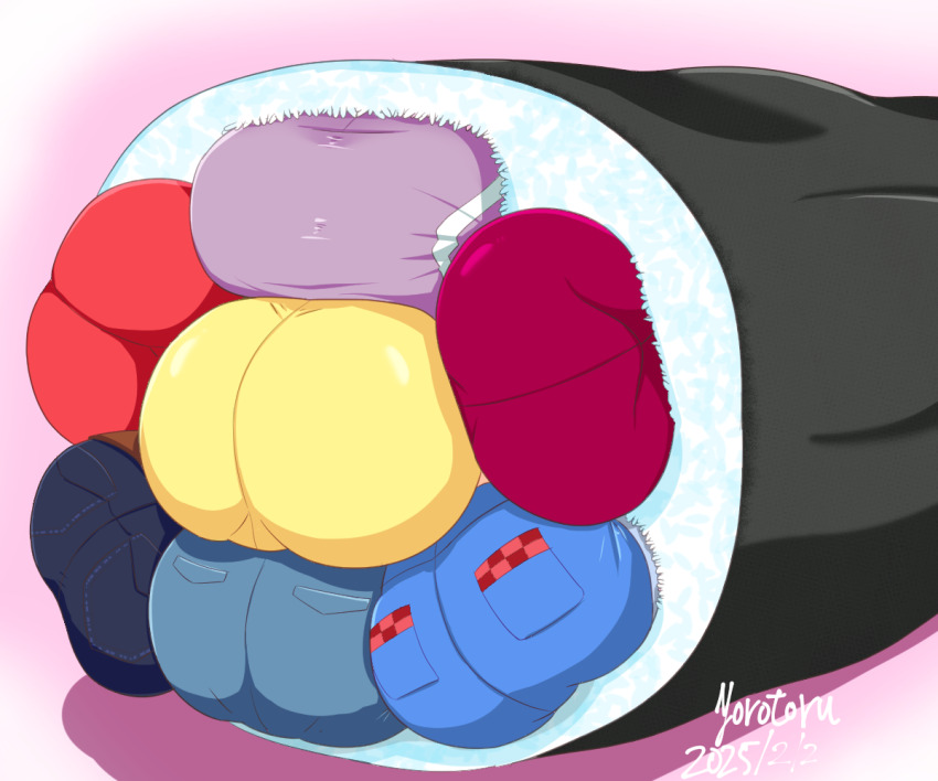 6+girls ass ass_focus bike_shorts denim digimon digimon_adventure digimon_adventure_02 digimon_savers digimon_tamers digimon_xros_wars food from_behind fujieda_yoshino hinomoto_akari huge_ass inoue_miyako jeans karan_eri makino_ruki makizushi multiple_girls orimoto_izumi pants short_shorts shorts skirt sushi yagami_hikari yorotoru