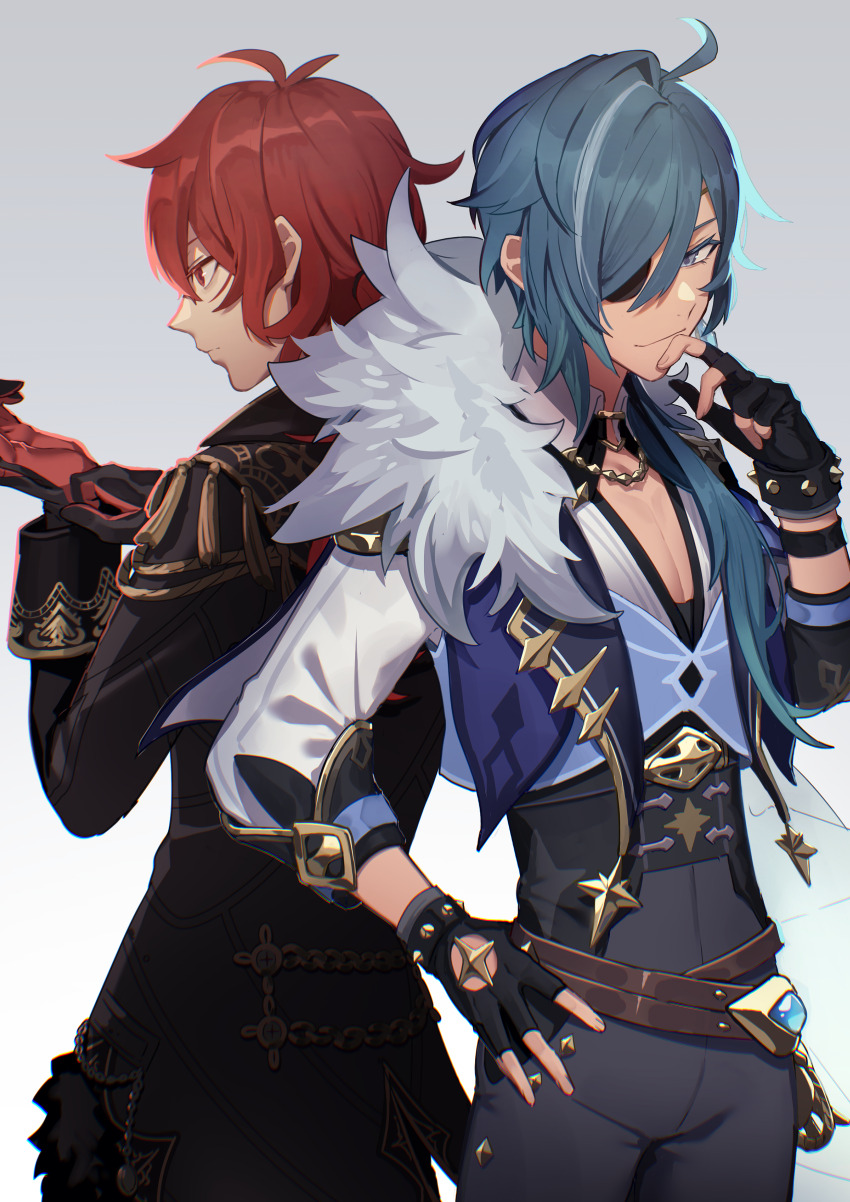 2boys absurdres black_coat black_gloves blue_eyes blue_hair buku2_suisou closed_mouth coat diluc_(genshin_impact) fingerless_gloves genshin_impact gloves grey_background grey_pants hair_over_one_eye hand_on_own_hip highres kaeya_(genshin_impact) long_hair male_focus multiple_boys pants red_eyes short_hair