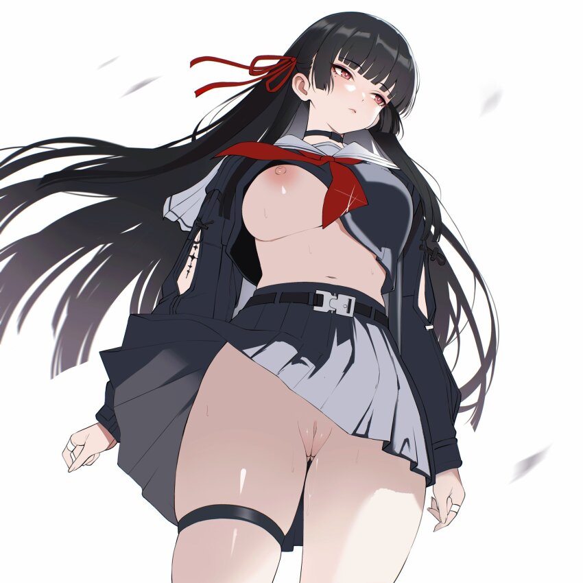 1girl arm_cutout ateoyh black_hair black_serafuku black_shirt black_skirt breasts chisa_(wuthering_waves) closed_mouth clothing_cutout commentary cowboy_shot hair_ribbon highres large_breasts long_hair long_sleeves mole mole_under_eye navel neckerchief nipples no_bra no_panties pussy red_eyes red_neckerchief red_ribbon ribbon sailor_collar school_uniform serafuku shirt simple_background skirt solo stomach tacet_mark_(wuthering_waves) thigh_strap thighs uncensored unfinished white_background white_sailor_collar wuthering_waves