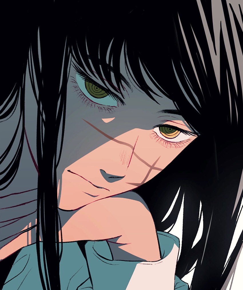 1girl black_hair chainsaw_man commentary_request cross_scar facial_scar head_rest head_tilt highres llq9ull long_hair looking_at_viewer portrait ringed_eyes scar scar_on_cheek scar_on_face solo yellow_eyes yoru_(chainsaw_man)