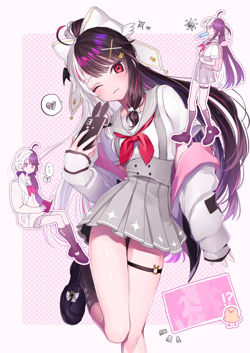 ... 1girl :3 ? absurdres ahoge backpack bag black_hair black_ribbon black_socks blush book cardigan chichikakao_puppy closed_mouth commentary english_commentary eyeshadow food food_in_mouth full_body grey_sailor_collar grey_skirt hair_ornament hair_ribbon hairclip head_tilt heart highres holding holding_book holding_phone loafers long_hair long_sleeves looking_at_viewer low_twintails makeup multicolored_hair multiple_views narrow_waist neckerchief nijisanji o-ring o-ring_thigh_strap one_eye_closed phone pink_eyeshadow pleated_skirt ponytail popsicle popsicle_in_mouth rabbit_hair_ornament reading red_eyes red_neckerchief ribbon sailor_collar school_uniform serafuku shirt shoes simple_background sitting skindentation skirt smartphone_case smile socks speech_bubble split-color_hair standing streaked_hair thigh_gap thigh_strap thighs twintails two-tone_hair two_side_up very_long_hair virtual_youtuber walking white_background white_hair white_ribbon white_shirt x_hair_ornament yorumi_rena yorumi_rena_(9th_costume)