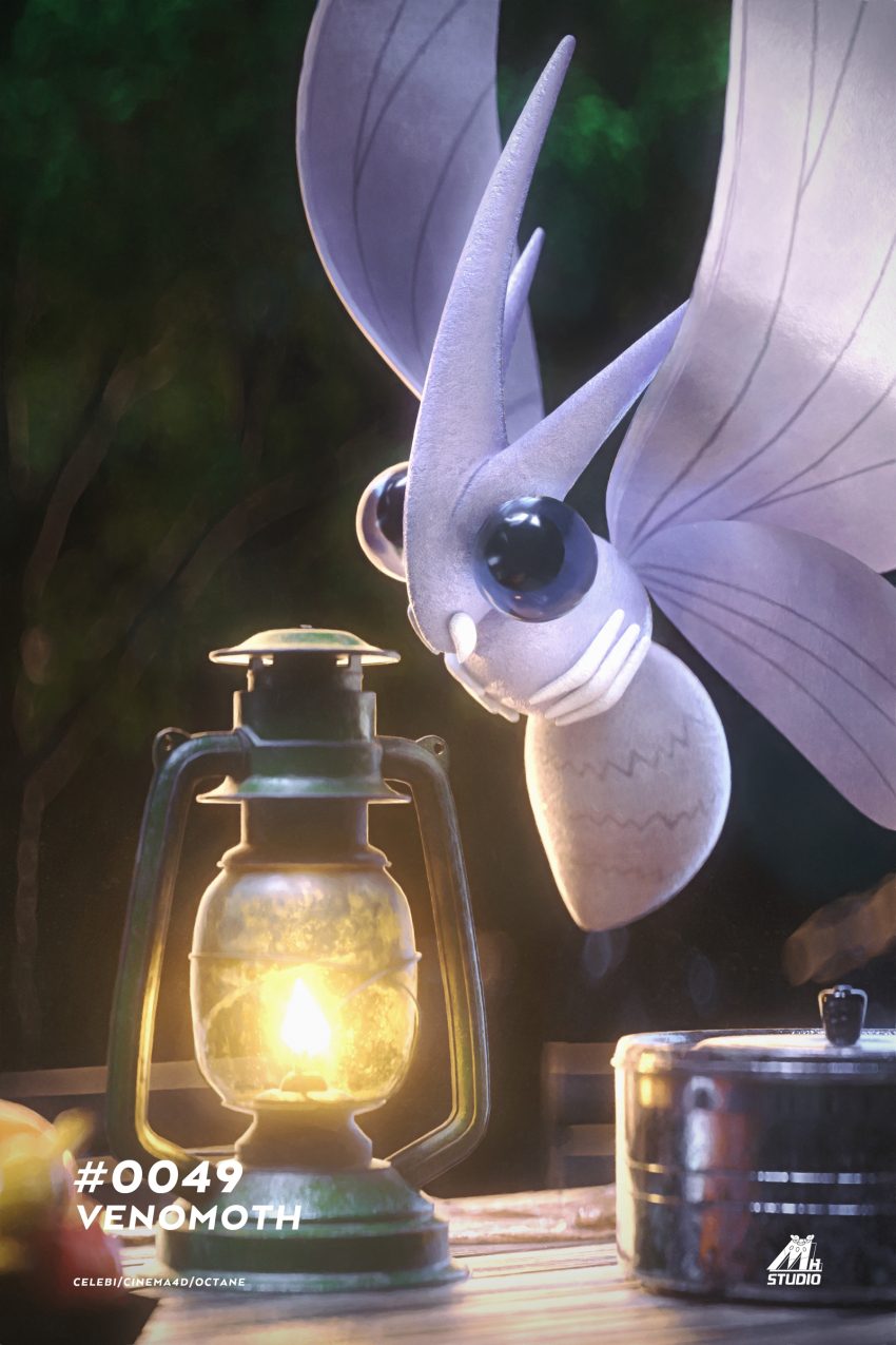 3d absurdres animal_focus artist_name blurry bug celebi350300687 character_name cinema_4d_(medium) flying gen_1_pokemon highres insect_wings lantern mandibles nintendo no_humans outdoors pokedex_number pokemon pokemon_(creature) solo tree venomoth wings