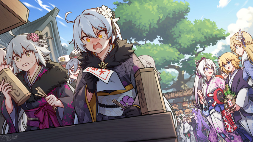 2boys 6+girls absurdres alternate_costume anger_vein artoria_pendragon_(fate) bangboo_(zenless_zone_zero) black_gloves black_kimono blonde_hair blue_eyes blue_sky braid captain_(honkai_impact) closed_mouth crossover durandal_(honkai_impact) fate/grand_order fate_(series) floral_print fu_hua herrscher_of_sentience fujimaru_ritsuka_(male) gloves grey_hair highres holding honkai_(series) honkai_impact_3rd japanese_clothes jeanne_d&#039;arc_(fate) jeanne_d&#039;arc_alter_(fate) jeanne_d&#039;arc_alter_santa_lily_(fate) kiana_kaslana kiana_kaslana_(herrscher_of_finality) kiana_kaslana_(herrscher_of_the_void) kimono long_hair long_sleeves looking_at_another mhunter_45 multiple_boys multiple_girls open_mouth outdoors ponytail purple_eyes purple_hair saber_alter sirin sky smile tearing_up white_hair white_kimono wide_sleeves yellow_eyes
