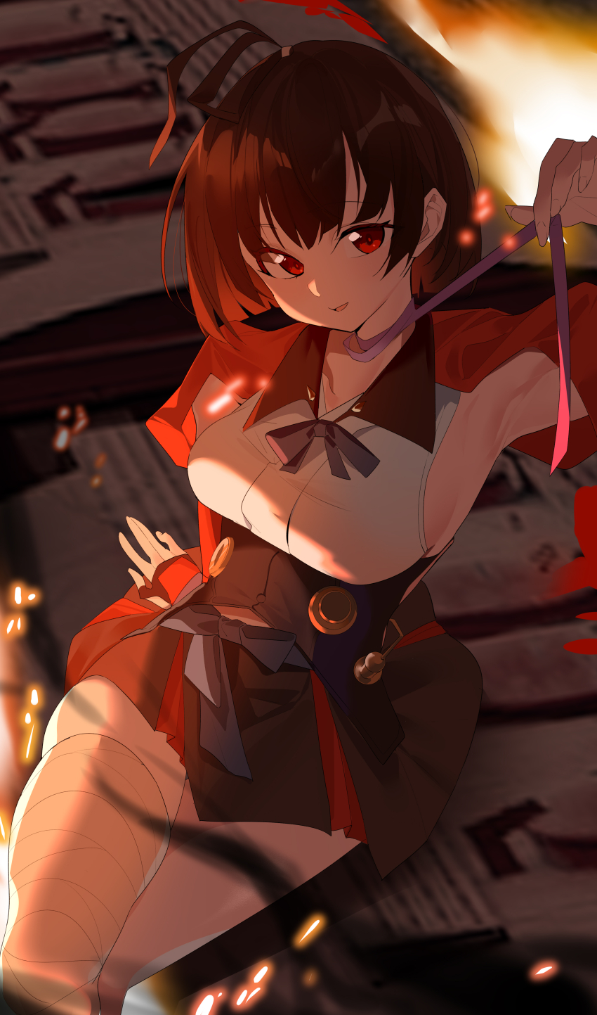 1girl absurdres bandaged_leg bandages black_corset black_skirt brown_hair choker commentary_request corset highres holding holding_ribbon japanese_clothes koutetsujou_no_kabaneri looking_at_viewer miniskirt mumei_(kabaneri) open_mouth red_eyes ribbon ribbon_choker shirt short_hair sitting skirt sleeveless sleeveless_shirt solo untying wako_(1194433260) white_shirt