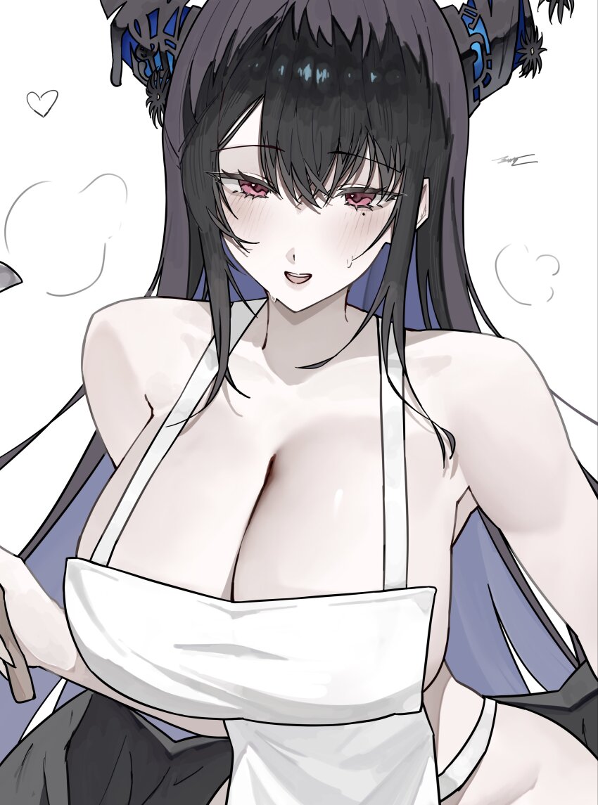 1girl absurdres apron asymmetrical_horns bare_shoulders black_hair blue_hair breasts cleavage collarbone colored_inner_hair crystal_horns demon_horns ewn flower hair_ornament highres holding holding_ladle holding_whisk hololive hololive_english horn_flower horns ladle large_breasts long_hair looking_at_viewer mole mole_under_eye multicolored_hair naked_apron nerissa_ravencroft red_eyes smile solo tassel tassel_hair_ornament two-tone_hair uneven_horns very_long_hair virtual_youtuber whisk white_apron