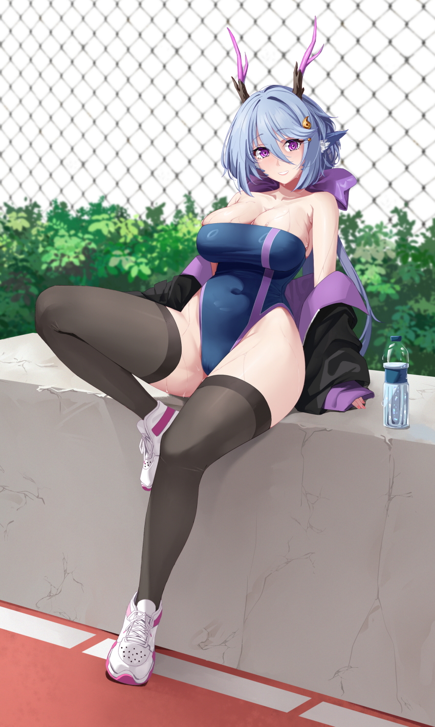 1girl absurdres animal_ears black_thighhighs blue_hair blurry blurry_background bottle bow breasts cleavage commission covered_navel day dragon_girl dragon_horns hair_between_eyes hair_bow hair_ornament highleg highleg_one-piece_swimsuit highres horns jacket large_breasts long_hair looking_at_viewer midnight_(banyex) one-piece_swimsuit open_clothes open_jacket original outdoors purple_bow purple_eyes sitting smile solo strapless strapless_one-piece_swimsuit sweat swimsuit thighhighs two-sided_fabric two-sided_jacket two-tone_swimsuit variant_set water_bottle