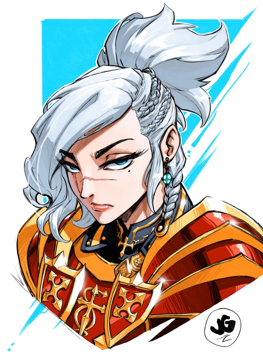 1girl armor blue_eyes highres initial jgeorgedrawz looking_at_viewer original portrait scar scar_on_face scar_on_nose solo white_hair