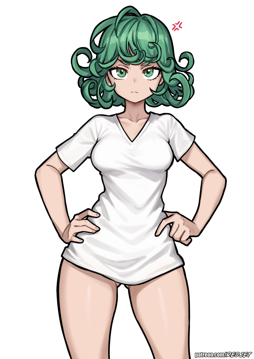 1girl absurdres anger_vein breasts closed_mouth commentary curly_hair cut-here_line english_commentary gluteal_fold green_eyes green_hair hands_on_own_hips heart heart_print highres light_frown looking_at_viewer one-punch_man redjet shirt simple_background small_breasts solo tatsumaki twitter_username white_background white_shirt