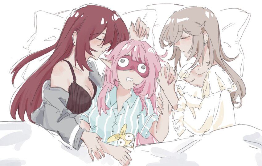 3girls aponia_(honkai_impact) aqua_shirt bed_sheet black_bra bra breasts brown_hair character_print cleavage closed_eyes drooling eden_(honkai_impact) elf elysia_(honkai_impact) grey_sweater highres holding_hands homu homu_(honkai_impact) honkai_(series) honkai_impact_3rd large_breasts long_hair mole mole_under_eye multiple_girls on_bed pajamas pillow pink_hair pointy_ears red_hair shirt sleep_mask sleeping sleepover striped_clothes striped_shirt sweater underwear vertical-striped_clothes vertical-striped_shirt yaro_yk yuri