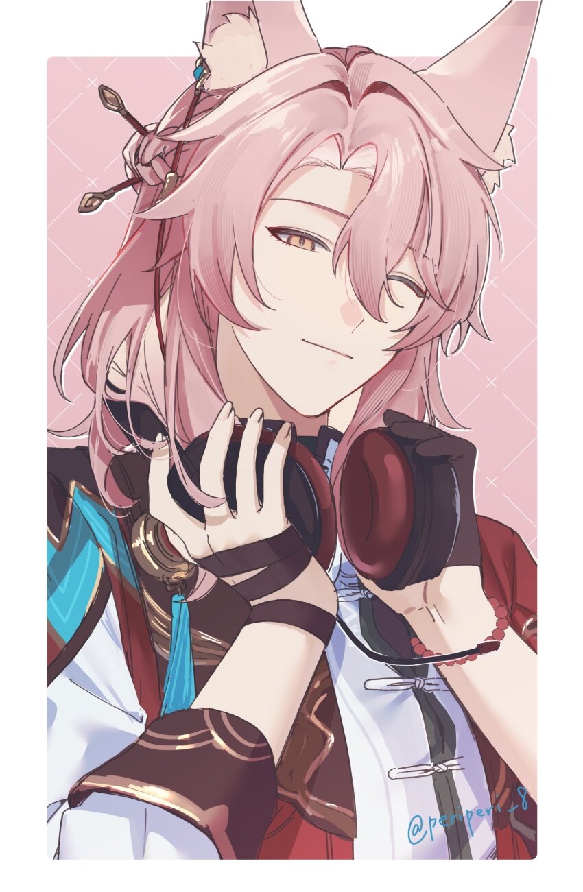 1boy absurdres animal_ear_fluff animal_ears artist_name bead_bracelet beads black_gloves black_ribbon border bracelet braid cape chinese_clothes closed_mouth commentary_request eyeshadow fox_ears gloves hair_between_eyes hair_ornament hair_over_shoulder hair_ribbon hair_stick half_gloves hands_up headphones headphones_around_neck highres honkai:_star_rail honkai_(series) jewelry jiaoqiu_(honkai:_star_rail) long_hair long_sleeves looking_at_viewer makeup male_focus mandarin_collar one_eye_closed outside_border parted_bangs peridot_(periperi_8) pink_background pink_hair red_cape red_eyeshadow red_ribbon ribbon shirt sidelocks simple_background single_braid single_glove sleeves_rolled_up smile solo tassel twitter_username upper_body white_border white_shirt yellow_eyes