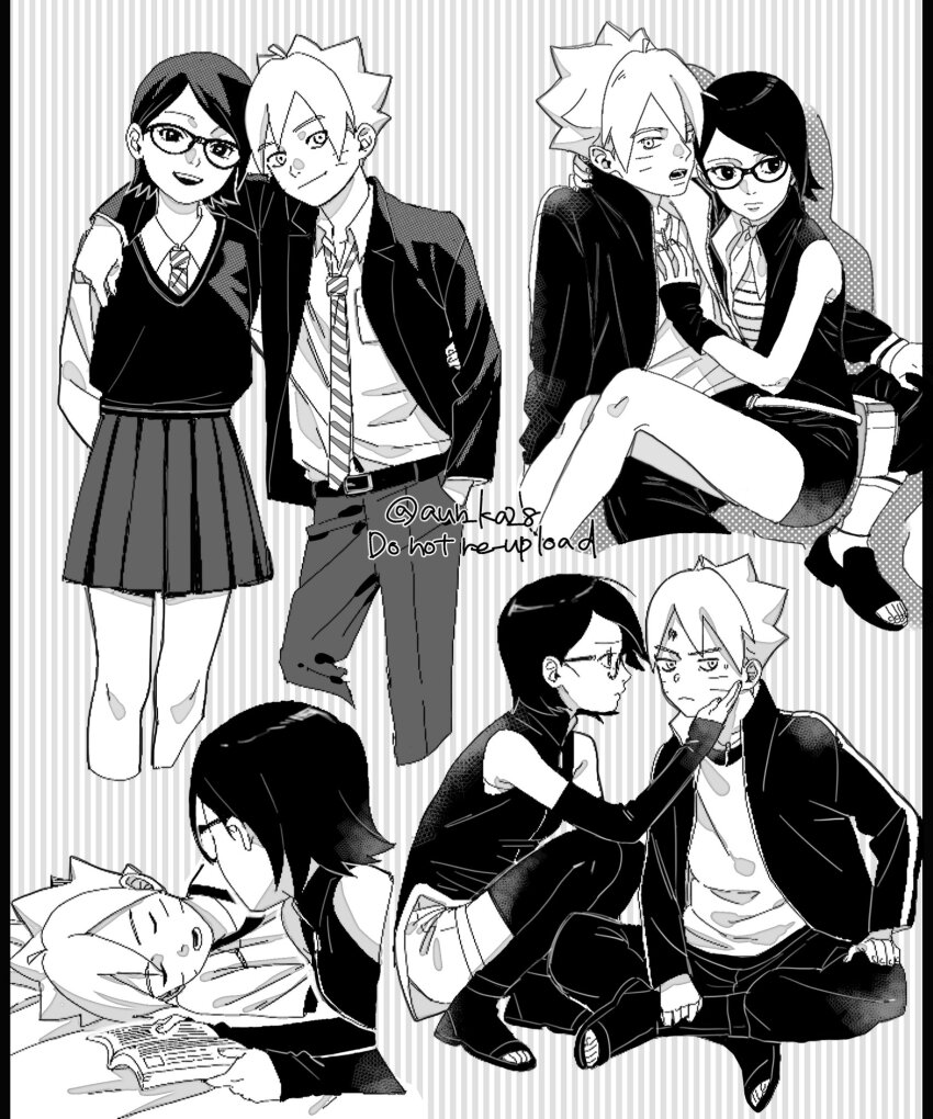 1boy 1girl arm_around_shoulder arm_behind_back book boruto:_naruto_next_generations bruise bruise_on_face commentary_request diagonal-striped_clothes diagonal-striped_necktie facial_mark frown glasses greyscale hand_in_pocket high-waist_skirt highres holding holding_book injury jacket lying miniskirt monochrome naruto_(series) necktie on_side onka_(aun_ka28) open-toe_shoes open_mouth pants pillarboxed school_uniform short_hair short_shorts shorts skirt sleeping smile squatting striped_clothes sweater_vest twitter_username uchiha_sarada uzumaki_naruto whisker_markings