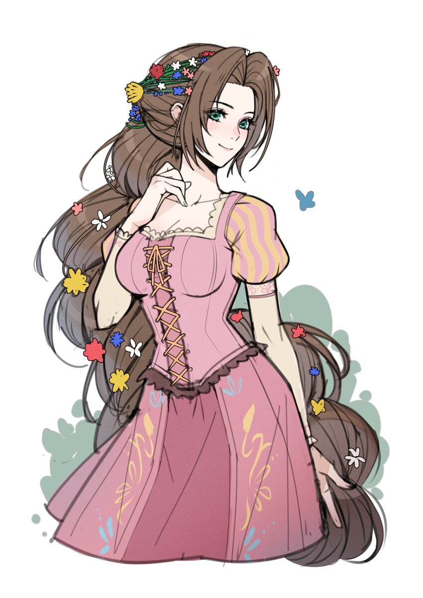 1girl absurdres aerith_gainsborough alternate_costume breasts brown_hair closed_mouth collarbone commentary cosplay crossover disney dress english_commentary final_fantasy final_fantasy_vii flower green_eyes hair_flower hair_ornament highres long_hair looking_at_viewer lukrevadraws medium_breasts pink_dress puffy_short_sleeves puffy_sleeves rapunzel_(disney) rapunzel_(disney)_(cosplay) short_sleeves smile solo tangled very_long_hair