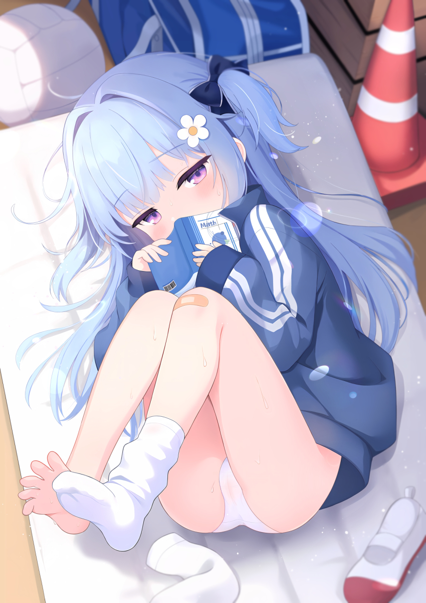 1girl ball bandaid bandaid_on_knee bandaid_on_leg blue_hair blue_jacket book bow cameltoe chinese_commentary commentary_request feet flower full_body gym_storeroom hair_bow hair_flower hair_intakes hair_ornament highres holding holding_book jacket long_hair long_sleeves looking_at_viewer lying mixed-language_commentary no_shoes original panties purple_eyes shoes single_sock socks soles solo track_jacket traffic_cone underwear uwabaki white_flower white_panties white_socks zcx