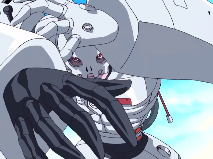 1boy andromon digimon digimon_(creature) male_focus muscular muscular_male red_eyes skull solo