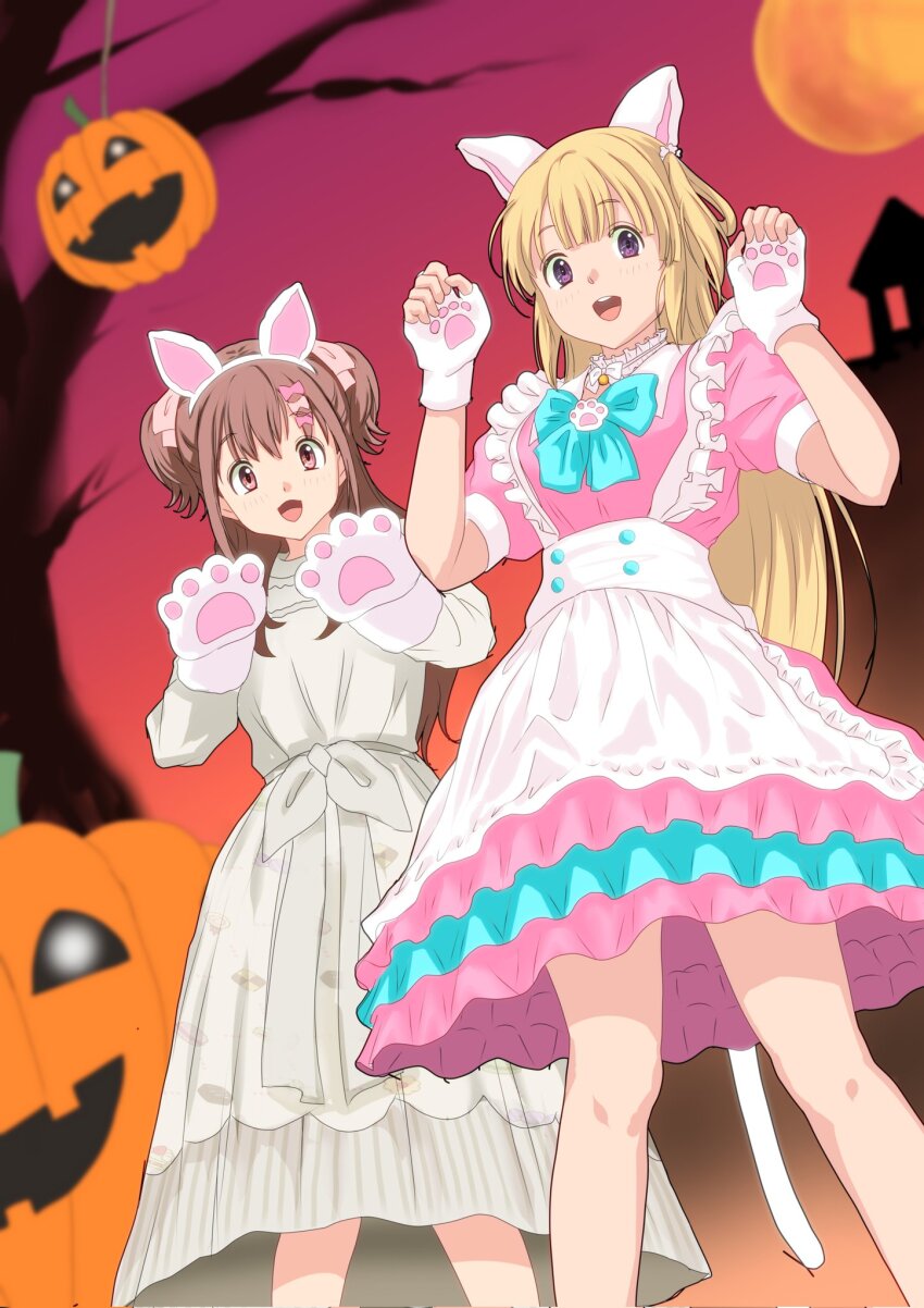 22/7 2girls animal_ears animal_hands apron arms_up blonde_hair blue_bow bow brown_eyes brown_hair bxtbsy7q76gxh73 cat_ears cat_paws cat_tail claw_pose cowboy_shot from_below fujima_sakura hair_ornament hair_ribbon halloween highres jack-o&#039;-lantern long_hair looking_at_viewer maid maid_apron moon multiple_girls open_mouth purple_eyes ribbon sera_honoka smile tail twintails