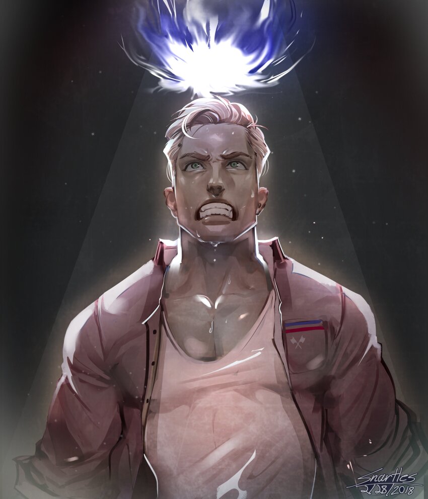 1boy absurdres blonde_hair breast_pocket carlos_(kyokugen_dasshutsu) clenched_teeth commentary dated energy_ball english_commentary green_eyes highres jacket kyokugen_dasshutsu male_focus open_clothes open_jacket pink_jacket pocket shirt short_hair signature snartles solo spoilers spotlight sweat teeth upper_body white_shirt zero_escape:_toki_no_dilemma