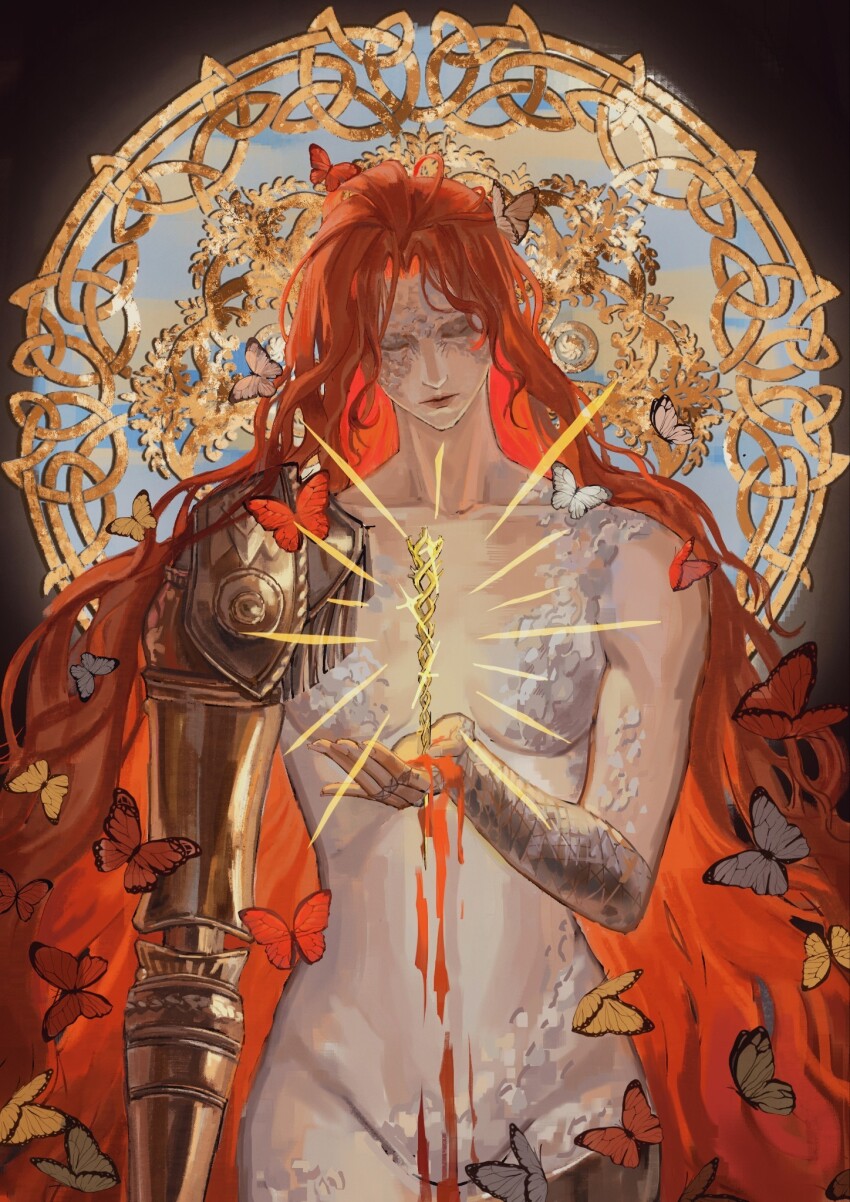 1girl armor bug butterfly closed_eyes closed_mouth cowboy_shot curtained_hair elden_ring fixed-star-4767 hair_over_eyes halo halo_behind_head hand_up highres holding holding_needle insect long_hair malenia_blade_of_miquella malenia_goddess_of_rot needle prosthesis prosthetic_arm prosthetic_leg red_hair solo standing very_long_hair wavy_hair