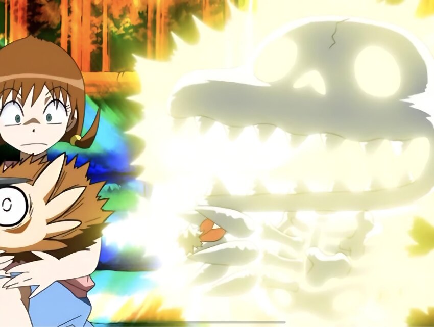agumon_(digimon_savers) daimon_chika digimon digimon_(creature) digimon_savers electricity highres puwamon screencap sharp_teeth skeleton teeth