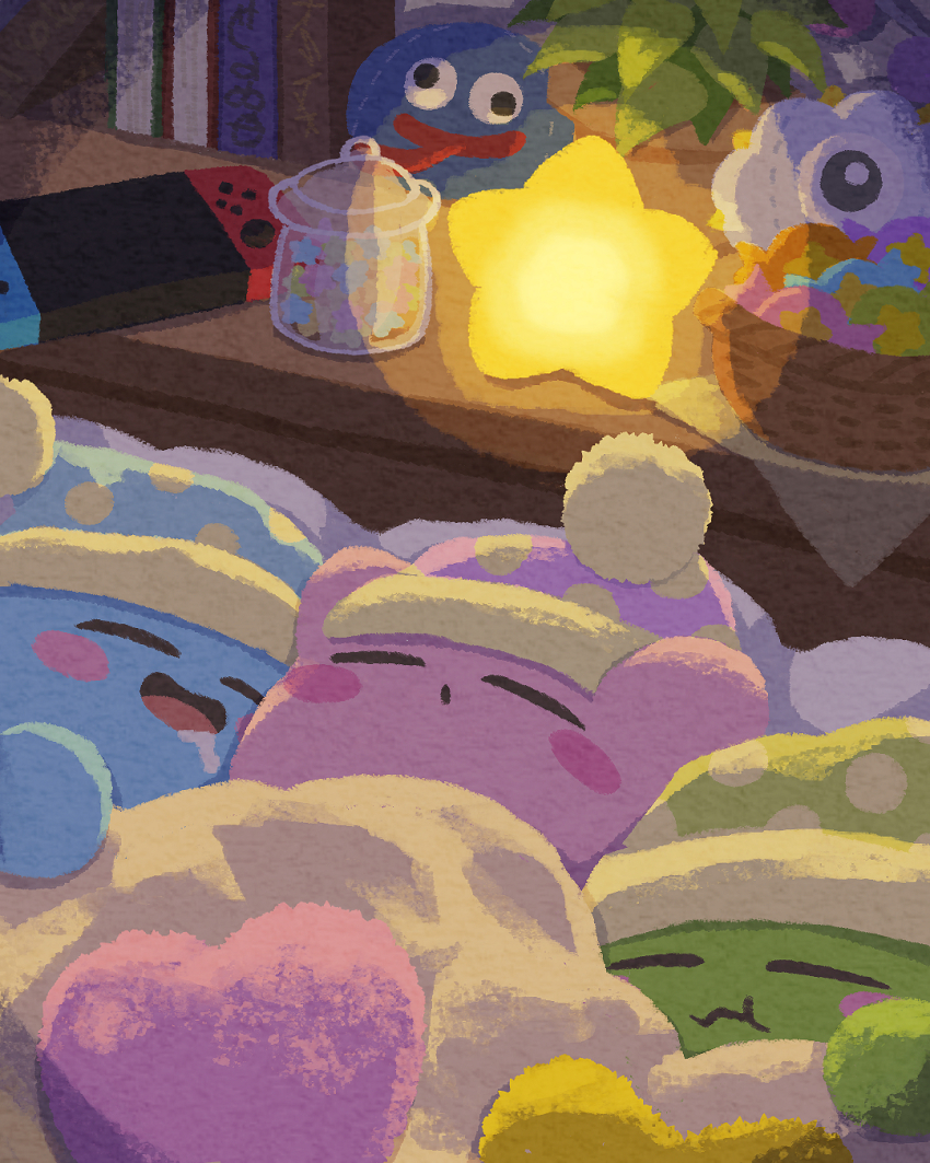 basket bed bed_sheet blush book candy character_doll closed_eyes desk food gooey_(kirby) highres hug jar kirby kirby_(series) konpeitou kracko lamp light light_rays miclot nintendo nintendo_switch open_mouth outstretched_arms pajamas saliva saliva_trail sleep_kirby sleeping spread_arms star_(symbol) stuffed_toy tongue warp_star
