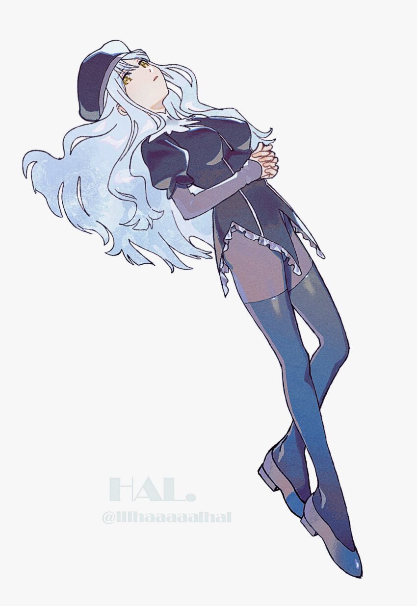 1girl beret black_pantyhose breasts caren_hortensia fate/hollow_ataraxia fate/stay_night fate_(series) hal_(haaaalhal) hat highres layered_sleeves long_hair long_sleeves medium_breasts no_pants pantyhose puffy_sleeves signature solo thighhighs thighhighs_over_pantyhose thighs twitter_username type-moon wavy_hair white_background white_hair yellow_eyes