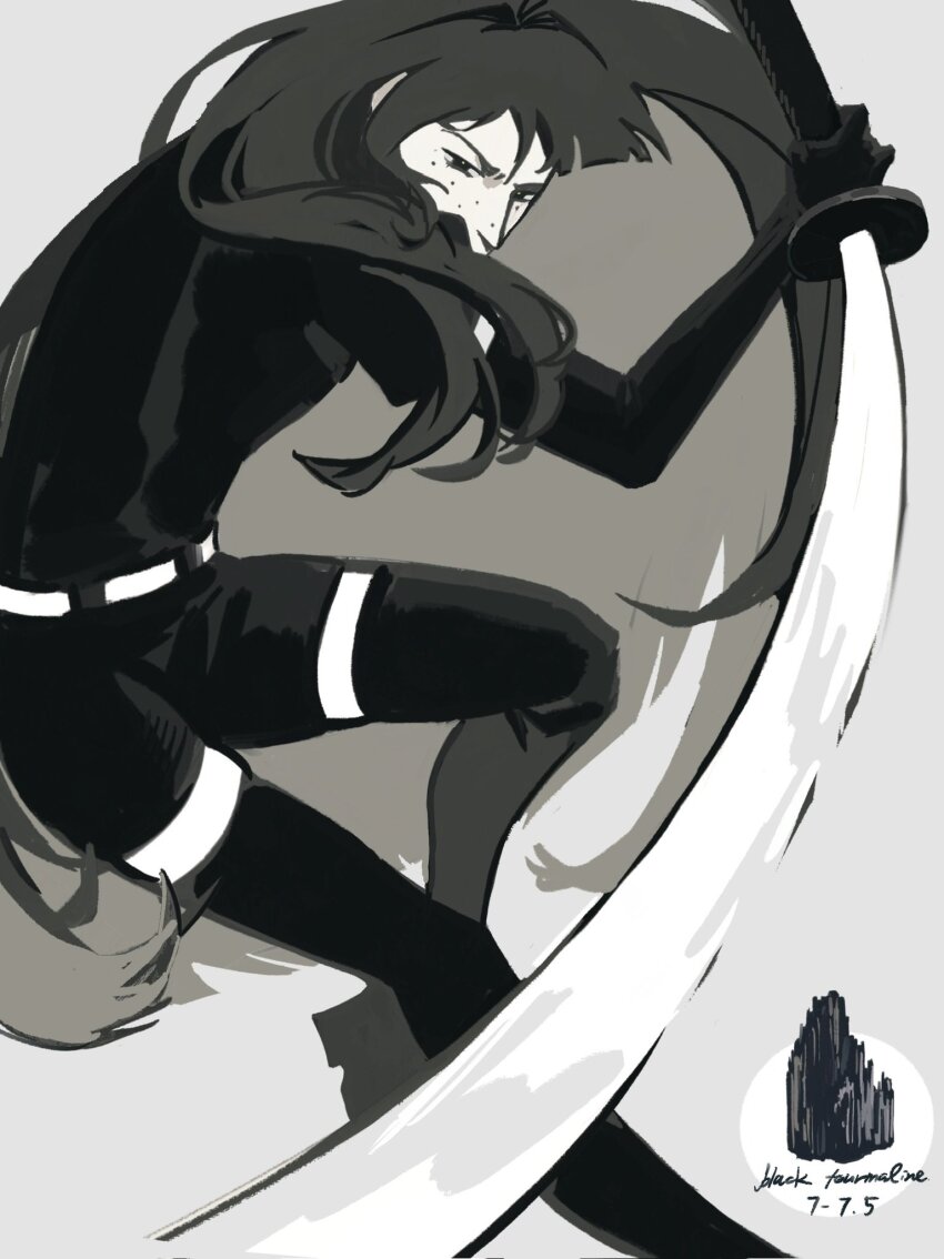 1other asakusa_midori black_gloves eizouken_ni_wa_te_wo_dasu_na! elbow_gloves freckles frown gem_uniform_(houseki_no_kuni) gloves greyscale highres holding holding_sword holding_weapon houseki_no_kuni incoming_attack long_hair monochrome other_focus puffy_short_sleeves puffy_sleeves short_shorts short_sleeves shorts sword weapon yono_2024