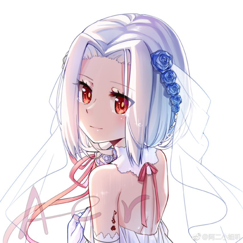 1girl aer_(tengqiu) alternate_costume bare_shoulders blue_flower bridal_veil dress elbow_gloves english_text flower from_behind gloves hair_flower hair_ornament hair_slicked_back highres looking_at_viewer looking_back red_eyes ribbon rose short_hair simple_background smile solo upper_body veil vittorio_veneto_(warship_girls_r) warship_girls_r watermark wedding_dress weibo_watermark white_background white_dress white_gloves white_hair