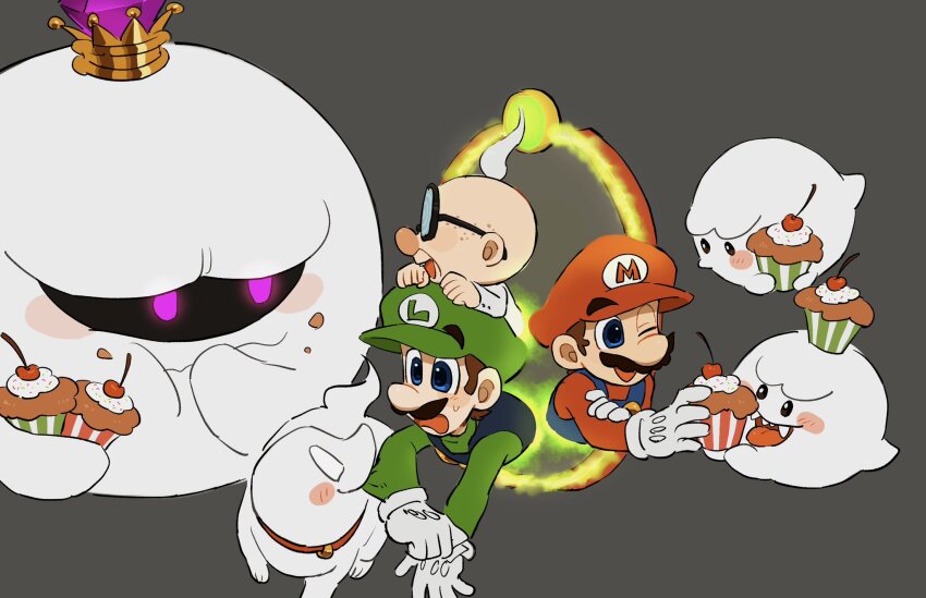 4boys blue_overalls boo_(mario) brown_footwear brown_hair cupcake facial_hair food ghost glasses gloves green_shirt hat highres king_boo luigi luigi&#039;s_mansion luigi&#039;s_mansion_3 male_focus mario mario_(series) mimimi_(mimimim9999) multiple_boys mustache nintendo overalls polterpup professor_elvin_gadd shirt short_hair tail white_gloves