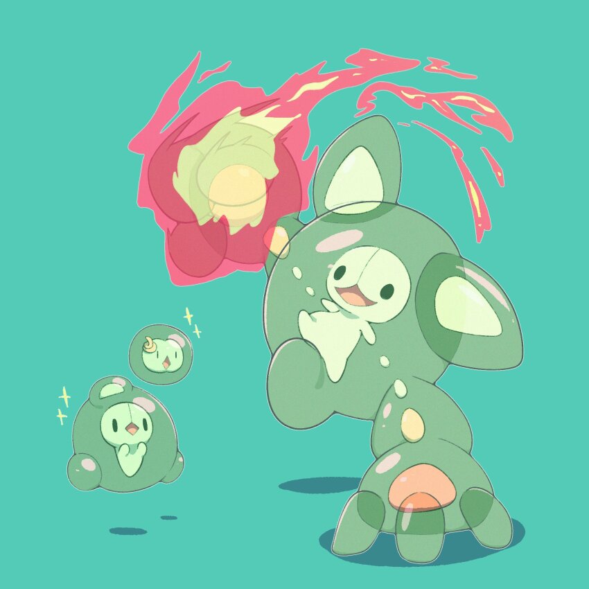 :d afuron aqua_background black_eyes commentary_request duosion evolutionary_line fire fire_punch_(pokemon) gen_5_pokemon highres nintendo no_humans open_mouth pokemon pokemon_(creature) reuniclus smile solid_oval_eyes solosis sparkle