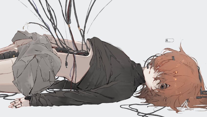 1girl a.i._voice adachi_rei android black_shirt body_bridge cable clothes_lift expressionless feet_out_of_frame from_side grey_skirt hair_over_one_eye hair_ribbon highres hole_in_stomach joints le_(szs0k) long_sleeves looking_at_viewer looking_to_the_side low_battery_notification medium_hair miniskirt no_gloves no_jacket no_legwear one_eye_covered orange_eyes orange_hair parted_lips radio_antenna ribbon robot_joints shirt shirt_lift simple_background skirt skirt_lift solo stomach turtleneck turtleneck_shirt utau white_background white_ribbon wide-eyed