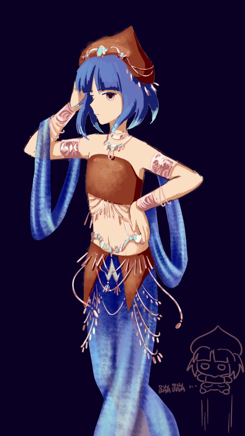1other adapted_costume androgynous baila_kuangzi blue_hair blue_pants blue_scarf bracelet brown_hat brown_tube_top choker closed_mouth hand_on_own_head hand_on_own_hip hat highres jewelry len&#039;en metal_bracelet midriff multiple_bracelets navel necklace pants purple_eyes scarf senri_haiji strapless translucent_pants tube_top white_choker