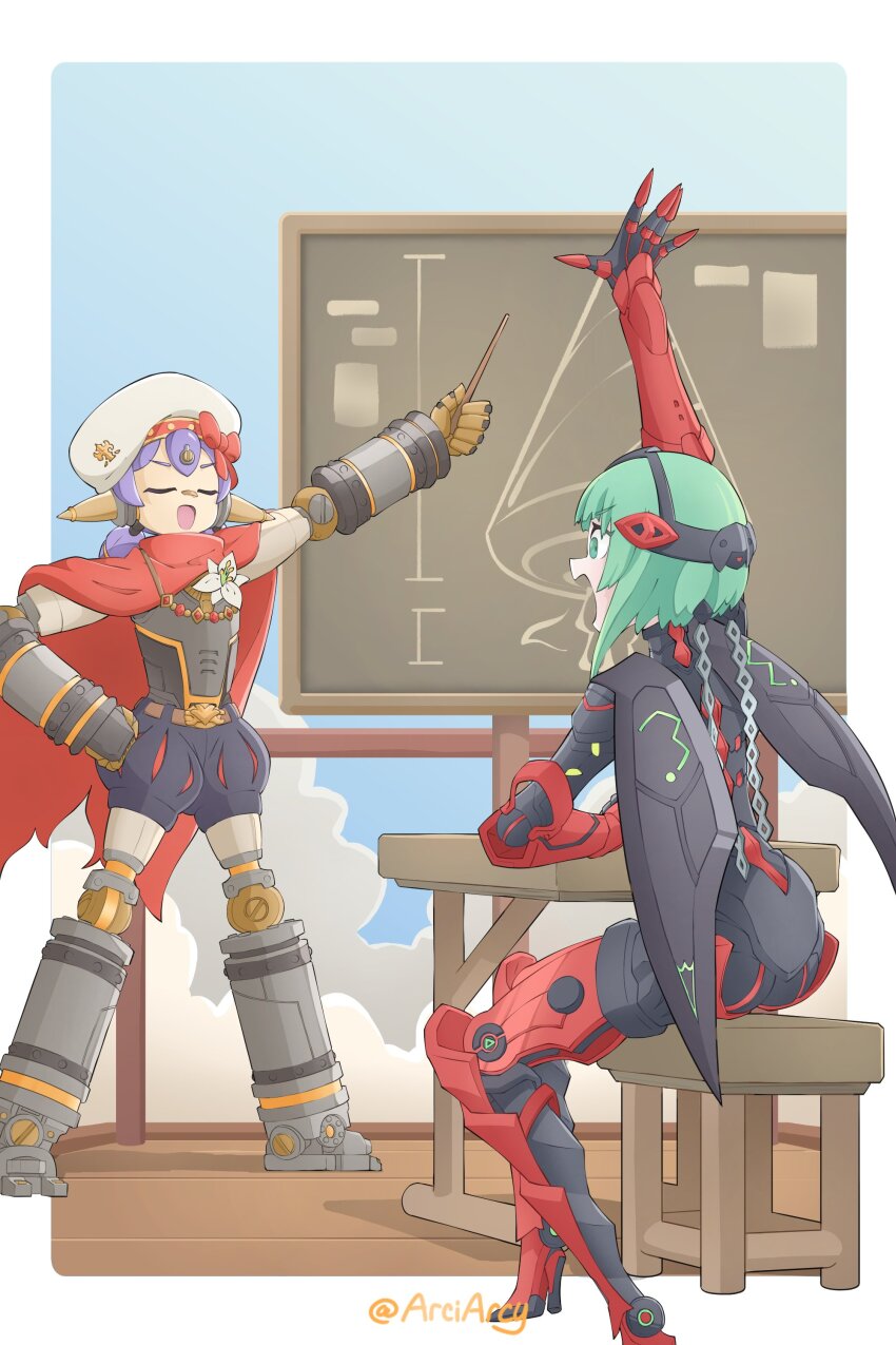 absurdres arciarcy arm_up beret blueprint_(object) cape chalkboard corsage desk flower green_hair hand_on_own_hip hat highres in-franchise_crossover ino_(xenoblade) joints low_twintails mechanical_wings open_mouth pointer poppi_(xenoblade) poppi_alpha_(xenoblade) purple_hair red_cape robot_girl robot_joints sitting stool twintails wings xenoblade_chronicles_(series) xenoblade_chronicles_2 xenoblade_chronicles_3