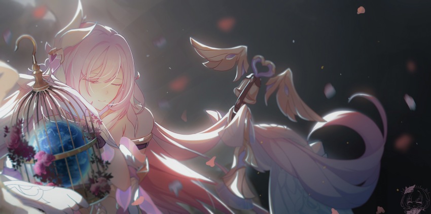 1girl absurdres bell black_background cage chinese_commentary closed_eyes closed_mouth commentary_request elysia_(herrscher_of_human:_ego)_(honkai_impact) elysia_(honkai_impact) falling_petals highres honkai_(series) honkai_impact_3rd long_hair m78_zaitaoaotezhanshi petals planet solo veil very_long_hair white_veil